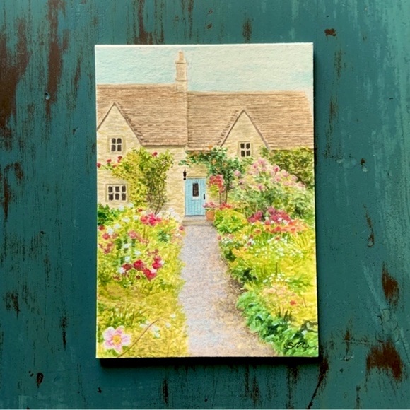 1 Small Country Cottage Painting. Original 3.5” x 5” Gouache on Art Board - Picture 1 of 3